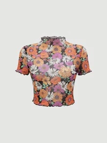 SHEIN MOD Allover Floral Print Lettuce Trim Crop Mesh Tee - Multicolor - View 2