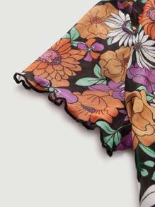 SHEIN MOD Allover Floral Print Lettuce Trim Crop Mesh Tee - Multicolor - View 7