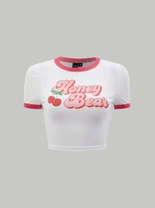 SHEIN MOD Cherry & Letter Graphic Contrast Binding Crop Tee - White - View 1