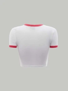 SHEIN MOD Cherry & Letter Graphic Contrast Binding Crop Tee - White - View 8