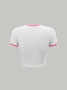 SHEIN MOD Áo thun nữ Tương phản ràng buộc Con số Lá thư Giải trí - trắng - Xem 5