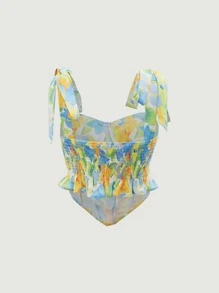 SHEIN MOD Top con estampado floral de hombros con nudo bajo con fruncido - Multicolor - Ver 5