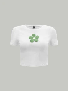 SHEIN MOD Floral Patch Detail Crop Tee - White - View 2