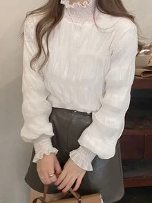 Women's Loose Fit Solid Color Ruffle Collar Long Sleeve Pleated Blouse, Spring/Autumn