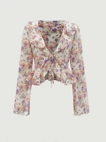 SHEIN Frenchy Áo sơ mi nữ Xù Viên lá sen Thắt nơ trước Hoa Tất cả trên in Boho - Nhiều màu - Xem 2