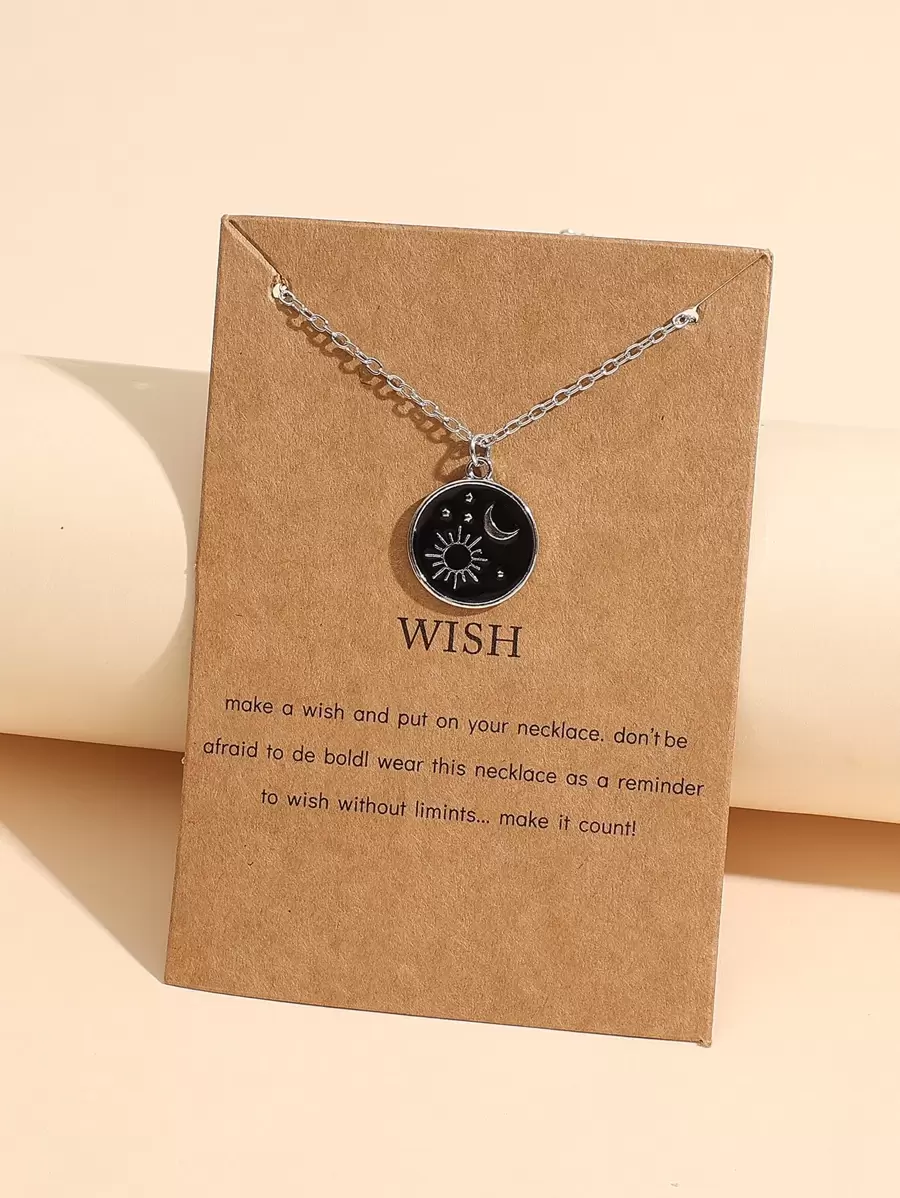 日月圖案圓形吊墜項鍊 - 銀色 - 查看 1