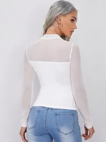 SHEIN Privé Mesh Yoke Solid Tee - White - View 2