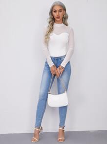 SHEIN Privé Mesh Yoke Solid Tee - White - View 5