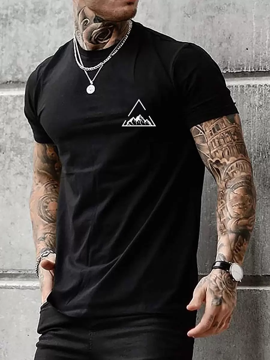 Manfinity Homme Men T-Shirts Fit Crew Neck Short Sleeve Graphic Tee Mountain Casual - Black - View 1
