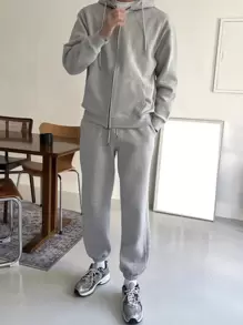 DAZY Men Cotton Solid Zip Up Drawstring Hoodie - Light Grey - View 5