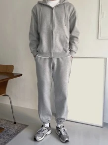 DAZY Men Cotton Solid Zip Up Drawstring Hoodie - Light Grey - View 7