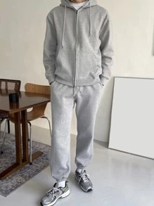 DAZY Men Cotton Solid Zip Up Drawstring Hoodie - Light Grey - View 8