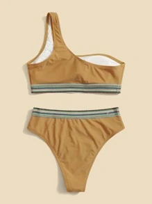 對比邊綁頸單肩比基尼套裝 - 芥末黃 - 查看 2