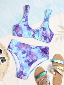 紮染環扣高腰比基尼 - 彩色 - 查看 1