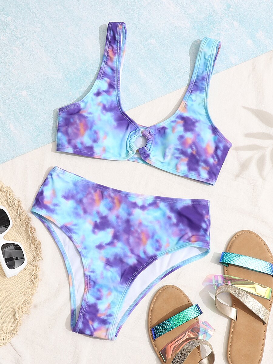 紮染環扣高腰比基尼 - 彩色 - 查看 1