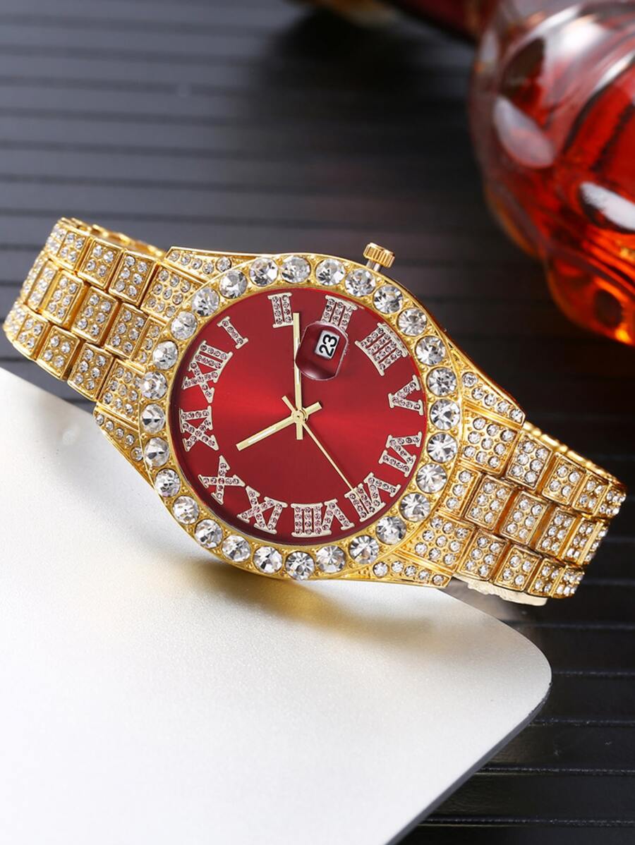 1pc Minimalist Men's Business Roman Numeral Dial Full Rhinestone Steel Band Quartz Watch, Suitable For Daily Matching, Birthday, Gift For Men, Anniversary, Singles' Day, Halloween Promotion, No Gift Box - Red - View 1