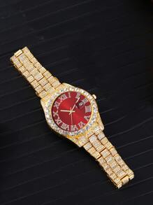 1pc Minimalist Men's Business Roman Numeral Dial Full Rhinestone Steel Band Quartz Watch, Suitable For Daily Matching, Birthday, Gift For Men, Anniversary, Singles' Day, Halloween Promotion, No Gift Box - Red - View 3