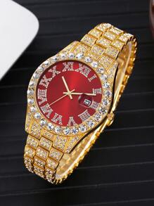 1pc Minimalist Men's Business Roman Numeral Dial Full Rhinestone Steel Band Quartz Watch, Suitable For Daily Matching, Birthday, Gift For Men, Anniversary, Singles' Day, Halloween Promotion, No Gift Box - Red - View 2