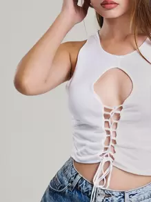 RueChic Cut Out Lace Up Front Crop Tank Top - White - View 5