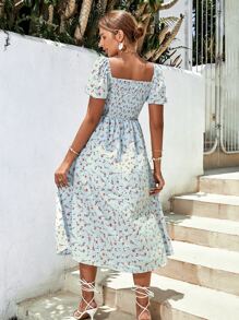 SHEIN Frenchy Allover Floral Square Neck Ruched Bust Puff Sleeve Split Thigh Dress - Baby Blue - View 2