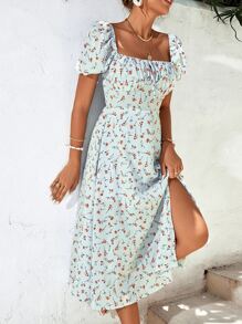 SHEIN Frenchy Allover Floral Square Neck Ruched Bust Puff Sleeve Split Thigh Dress - Baby Blue - View 4