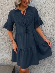 SHEIN LUNE Contrast Guipure Lace Tassel Tie Ruffle Hem Dress - Navy Blue - View 3