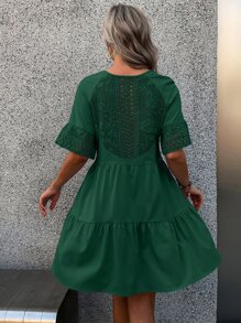 SHEIN LUNE Contrast Guipure Lace Tassel Tie Ruffle Hem Dress - Dark Green - View 2