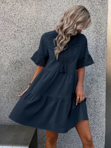 SHEIN LUNE Contrast Guipure Lace Tassel Tie Ruffle Hem Dress - Navy Blue - View 5