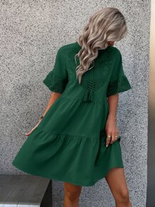 SHEIN LUNE Contrast Guipure Lace Tassel Tie Ruffle Hem Dress - Dark Green - View 3