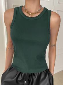 DAZY Solid Rib Knit Tank Top - Dark Green - View 1
