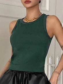 DAZY Solid Rib Knit Tank Top - Dark Green - View 2