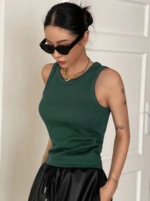 DAZY Solid Rib Knit Tank Top - Dark Green - View 3