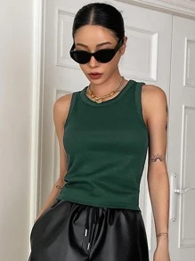 DAZY Solid Rib Knit Tank Top - Dark Green - View 4
