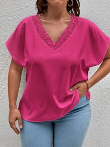SHEIN Clasi Blusa con encaje en contraste de manga murciélago - Rosa Fucsia - Ver 1