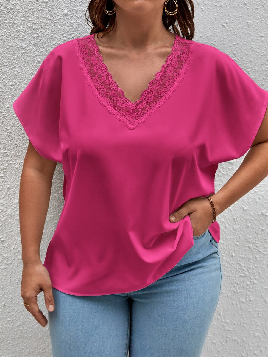 SHEIN Clasi Blusa con encaje en contraste de manga murciélago - Rosa Fucsia - Ver 1