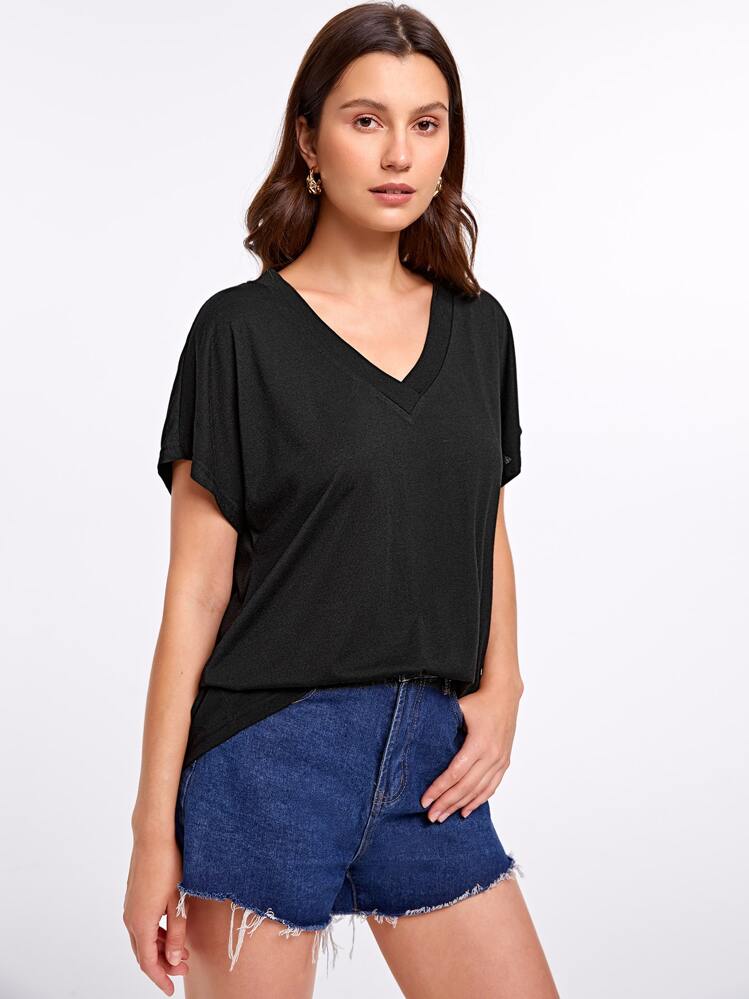 SHEIN Essnce V-neck Batwing Sleeve Solid Tee - Black - View 3