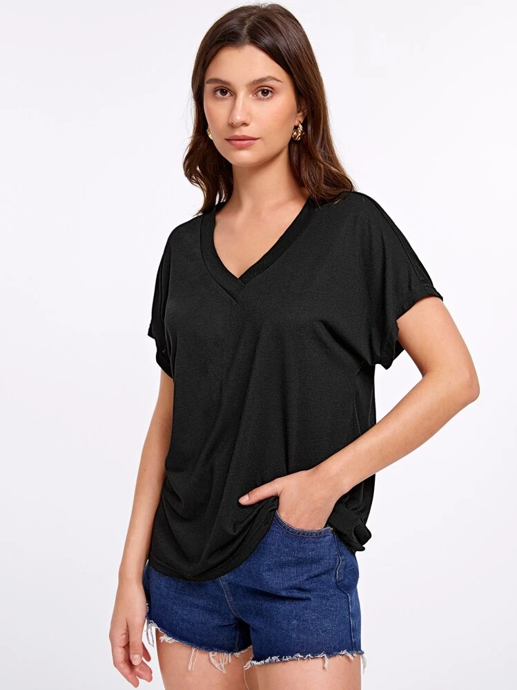 SHEIN Essnce V-neck Batwing Sleeve Solid Tee - Black - View 4