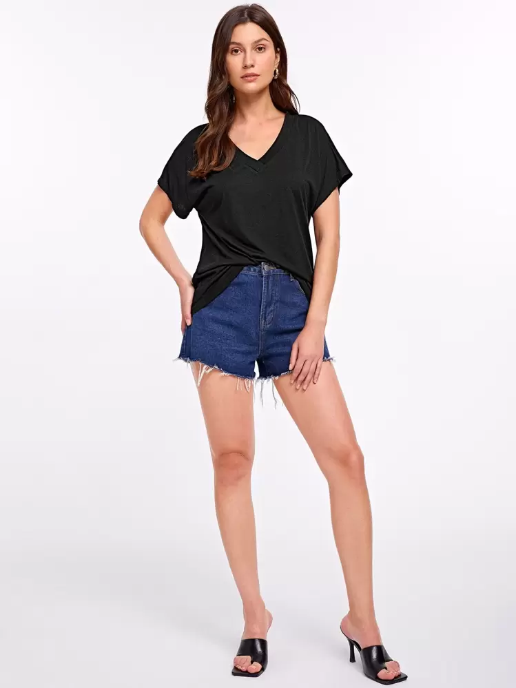 SHEIN Essnce V-neck Batwing Sleeve Solid Tee - Black - View 6
