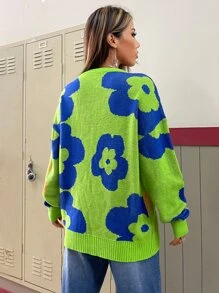 Muchica 花卉圖案落肩袖套頭毛衣 - 青檸色 - 查看 2