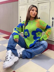 Muchica 花卉圖案落肩袖套頭毛衣 - 青檸色 - 查看 4