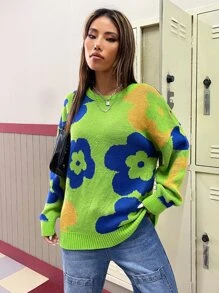 Muchica 花卉圖案落肩袖套頭毛衣 - 青檸色 - 查看 6