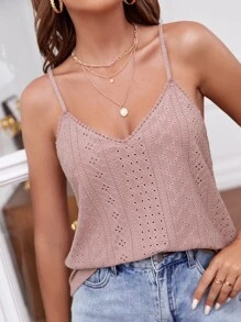 SHEIN Frenchy Áo hai dây Lộ Lưng Tương phản ren Tương phản Mesh Nghề thêu Sò điệp Tranh thêu màu trơn Boho - Bụi hồng - Xem 1