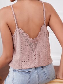 SHEIN Frenchy Áo hai dây Lộ Lưng Tương phản ren Tương phản Mesh Nghề thêu Sò điệp Tranh thêu màu trơn Boho - Bụi hồng - Xem 2