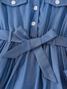 SHEIN 女孩翻蓋細節腰帶襯衫洋裝