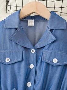 SHEIN 女孩翻蓋細節腰帶襯衫洋裝