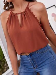 SHEIN Frenchy Cut Out Tie Back Lace Trim Halter Top Christmas Summer Casual