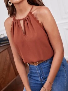 SHEIN Frenchy Cut Out Tie Back Lace Trim Halter Top Christmas Summer Casual