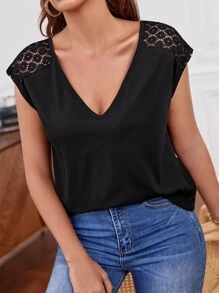 SHEIN Frenchy Floral Embroidery Mesh Insert Lace Panel Batwing Sleeve Tee - Black - View 4