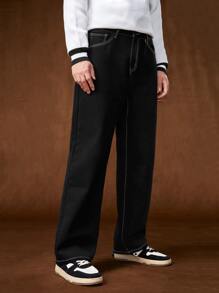 Manfinity Men Stitch Detail Wide Leg Jeans - Black - View 1