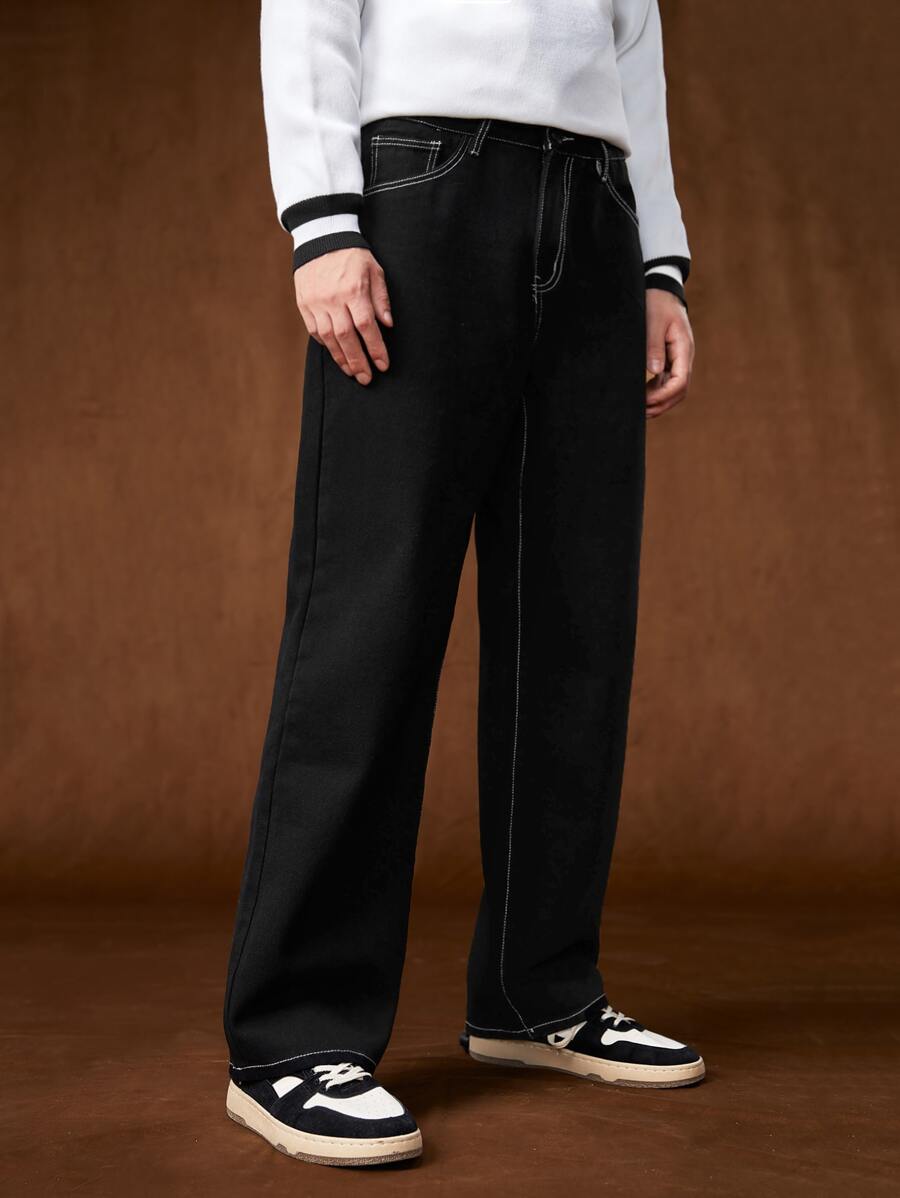 Manfinity Men Stitch Detail Wide Leg Jeans - Black - View 1